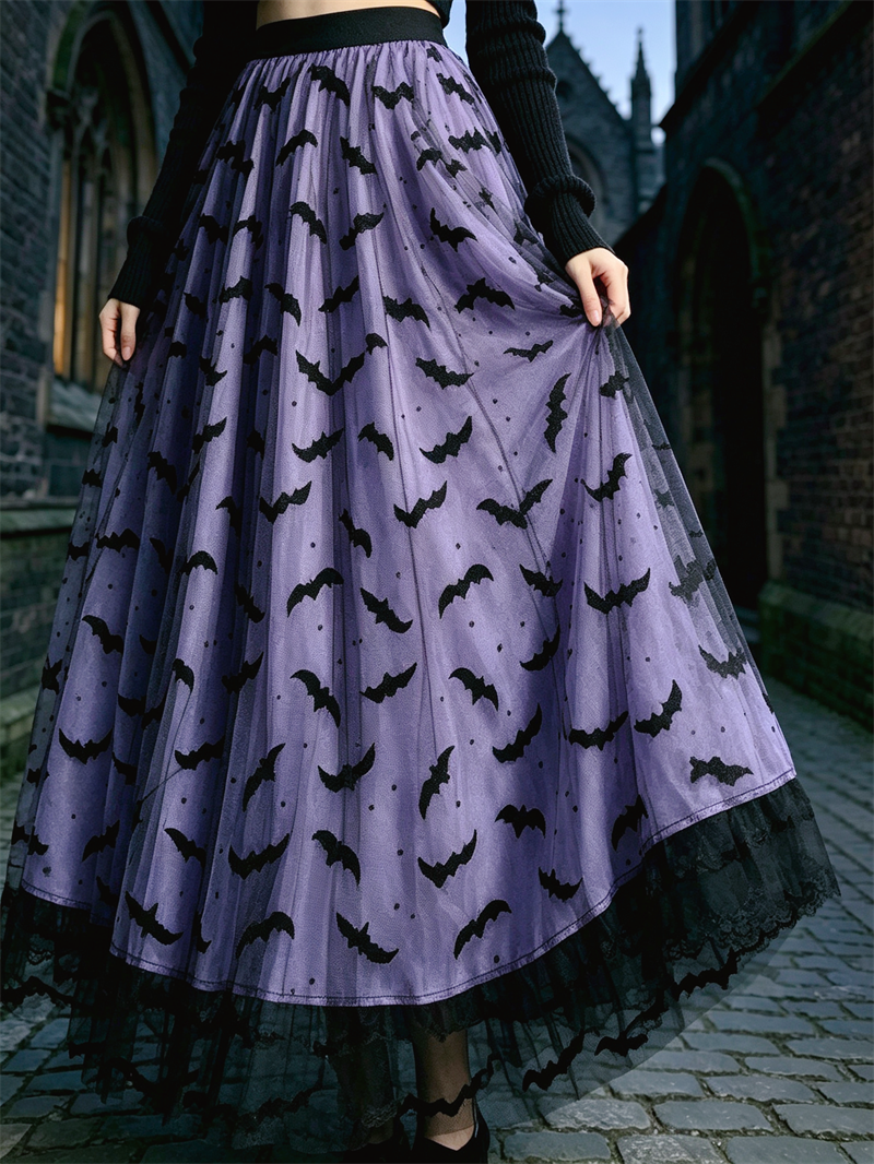 KAROFI Jupe longue en tulle pour femmes, style gothique, imprimé chauve-souris, taille haute, coupe A-line, ourlet en dentelle noire, jupe pour fête d'Halloween