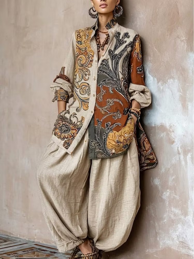 Ensemble femme manches longues en coton et lin, chemise vintage imprimée à col rabattu et boutons, avec pantalon ample à jambes larges