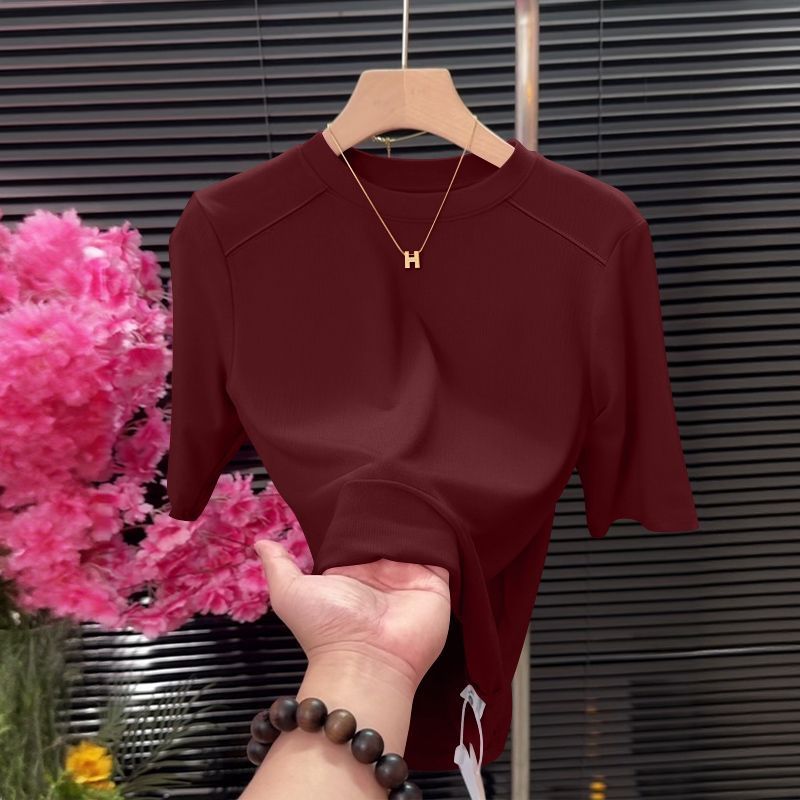 Haut à manches mi-longues pour femmes de style coréen, chemise basique tendance et polyvalente, coupe ajustée, col semi-haut, t-shirt à manches courtes, vêtements