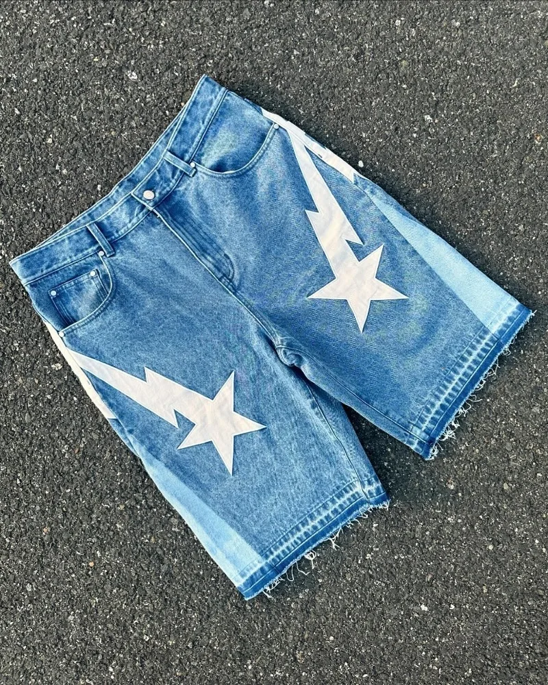 Jean à jambes larges pour hommes, tendance de la mode américaine, style de rue, baggy brodé Y2k, short décontracté Goth punk High street