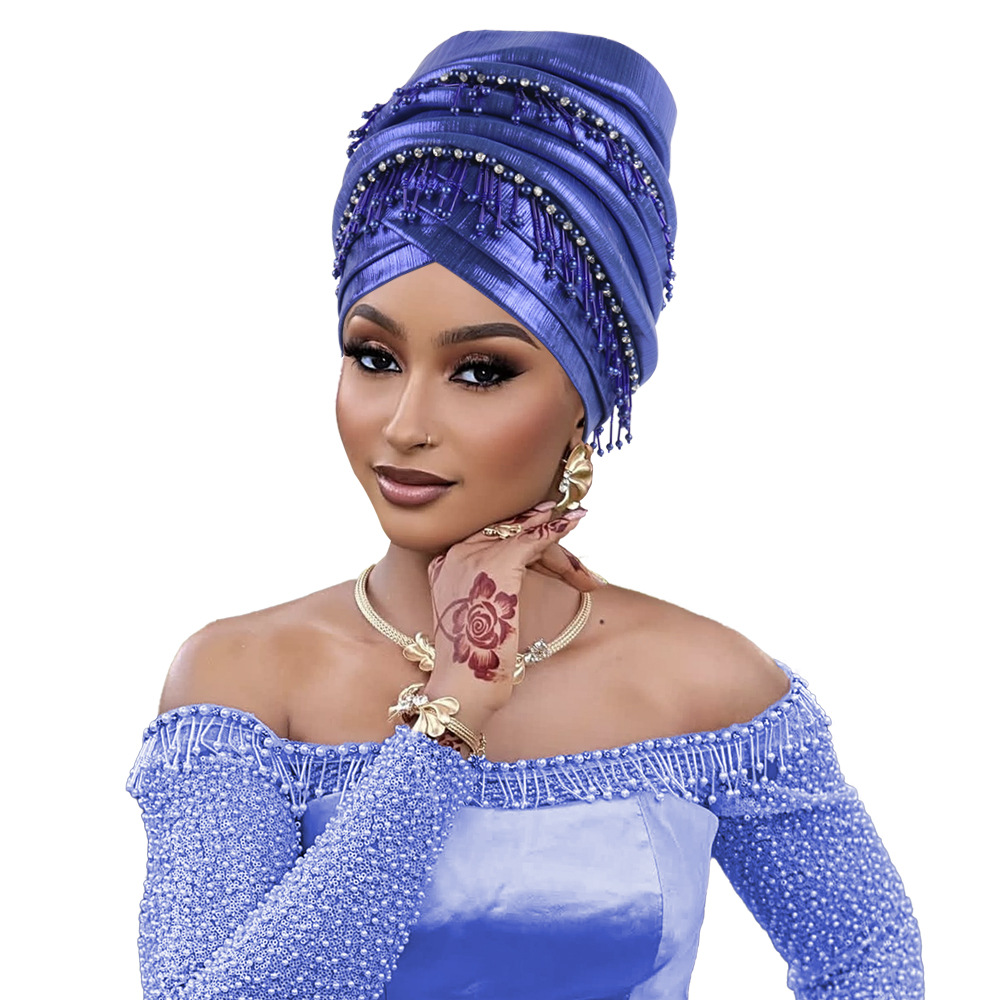 Casquette Turban à la mode pour femmes, bandeau de dame africaine avec pompons de perles, chapeau de fête de mariage du Nigeria