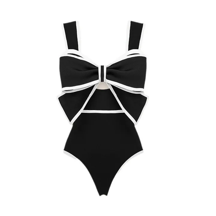 Maillot de bain une pièce noir et blanc pour femme, ensemble bikini, col rabattu, coupe slim, dos ouvert, nœud, design, jupe à pois