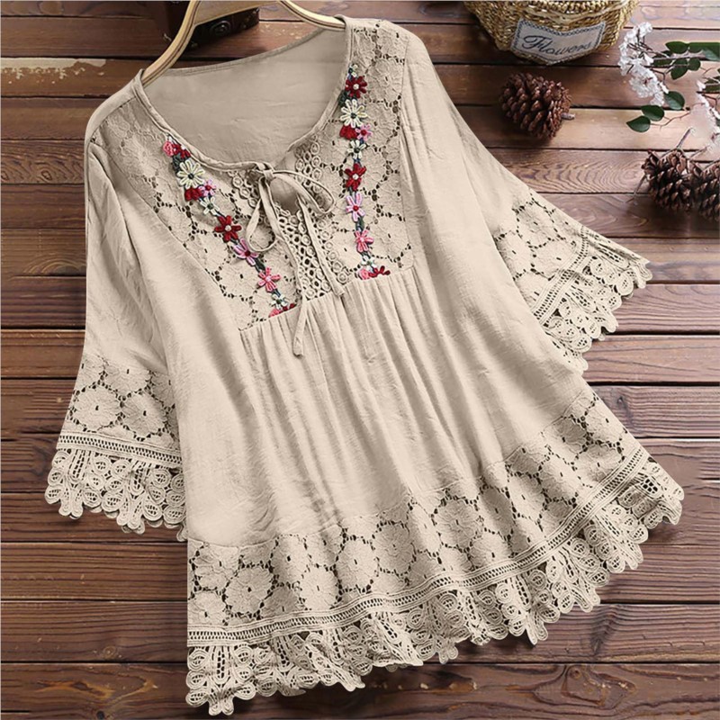 Chemisier d'été femmes col en v hauts chemise en dentelle et chemisier élégant femmes haut à la mode décontracté dame ample coton lin femme chemise