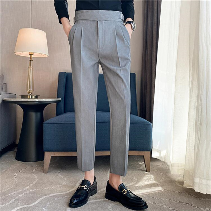 Pantalon de Costume Homme Style Britannique Taille Haute Décontracté avec Ceinture Coupe Slim pour Bureau, Soirée, Mariage et Cérémonie