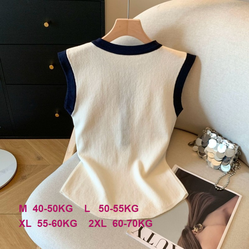 T-shirt sans manches élégant pour femme, col rond boutonné, tricot colorblock, débardeur d'été élastique pour le quotidien