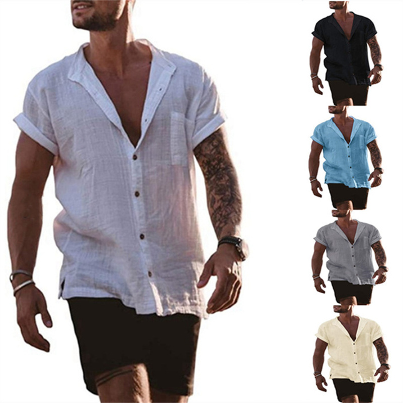 Chemises à manches courtes pour hommes, chemises en coton et lin, chemisiers d'affaires, haut social normal, chemise habillée formelle, vêtements pour hommes