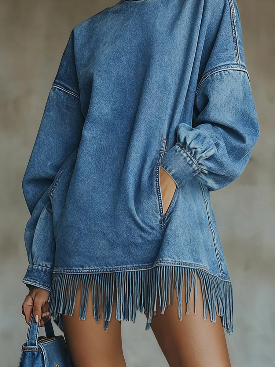 Robes en jean vintage pour femmes, col mi-haut, couleur unie, ourlet à franges, robe longue à manches longues, poche, sweat-shirt ample