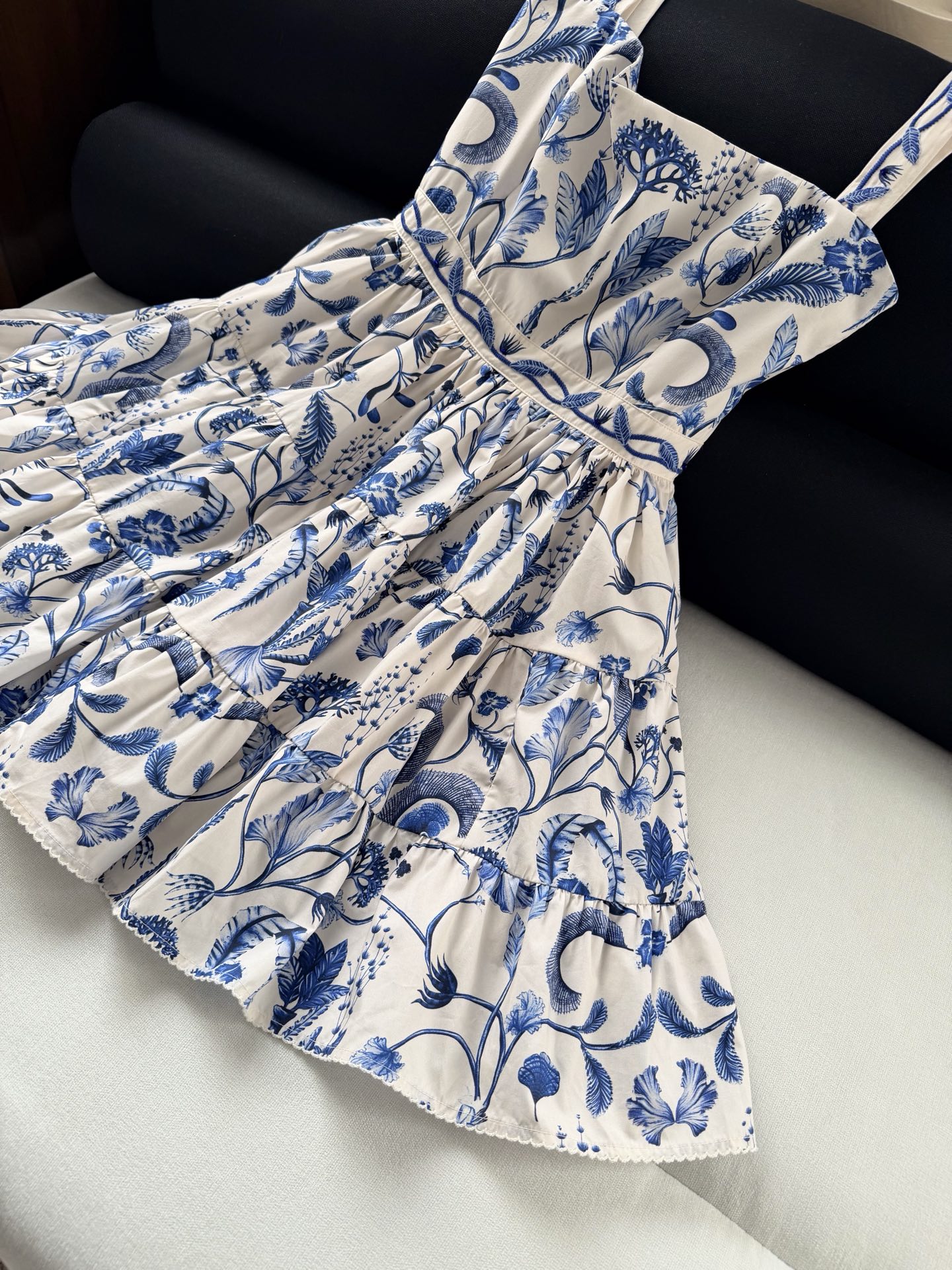 Robe débardeur pour femme, imprimé floral bleu, 100% coton, broderie, sans manches, taille haute, col carré, robe courte décontractée pour femmes