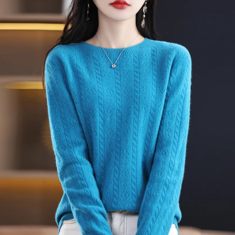 Pull en laine mérinos et cachemire pour femme, tricoté, col rond, manches longues, vêtements chauds, automne et hiver, 100%