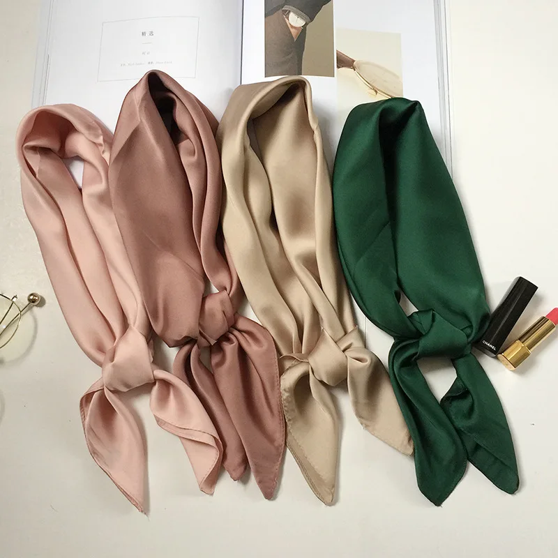 Mode solide foulard femmes foulard pour cheveux rose vert blanc soie cou écharpes femme 70 cm * 70 cm carré Bandanas dame foulards
