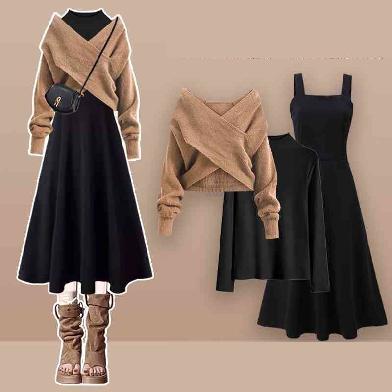 Ensemble 3 pièces chic pour femme : pull en maille croisée élégant, chemise et robe noire à bretelles – Nouvelle collection hiver 2026