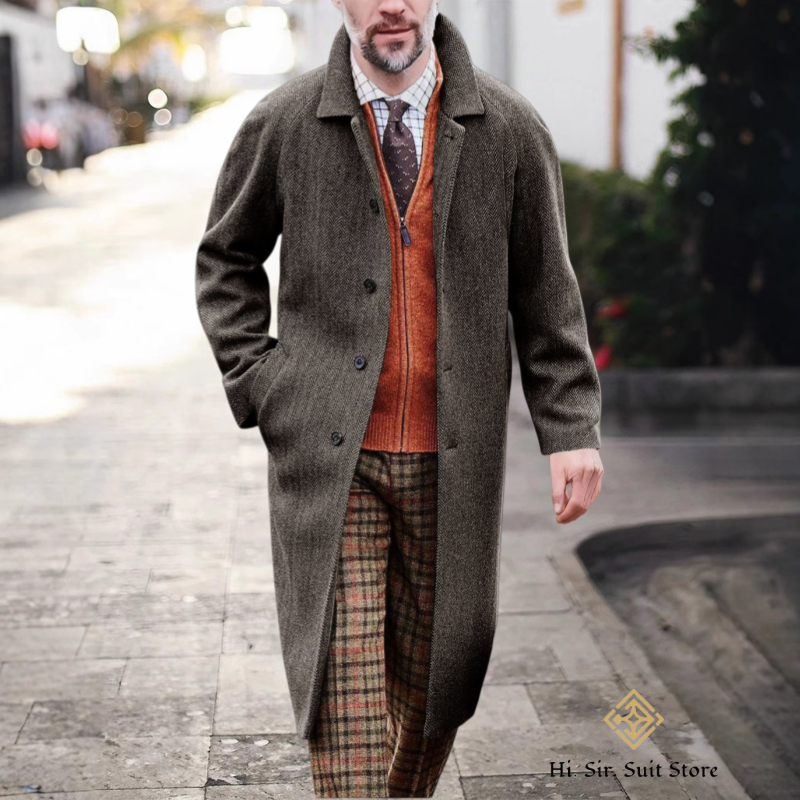 Rétro hommes Long Trench manteau chevrons vestes Tweed coupe ajustée bal Peacoat laine mélange Blazer manteaux décontracté hommes veste d'hiver