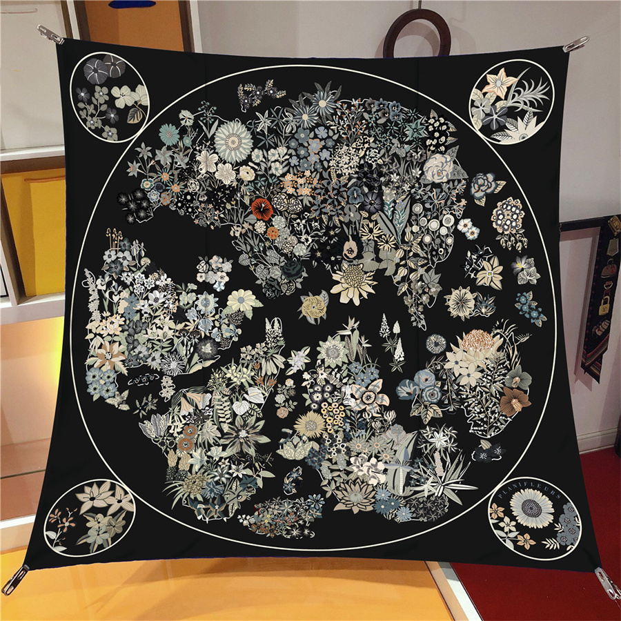 Foulard en soie sergé châle marque de luxe fleurs plantes imprimer Foulard carré femmes Hijabs Bandana Foulard foulard foulards de tête 90 cm