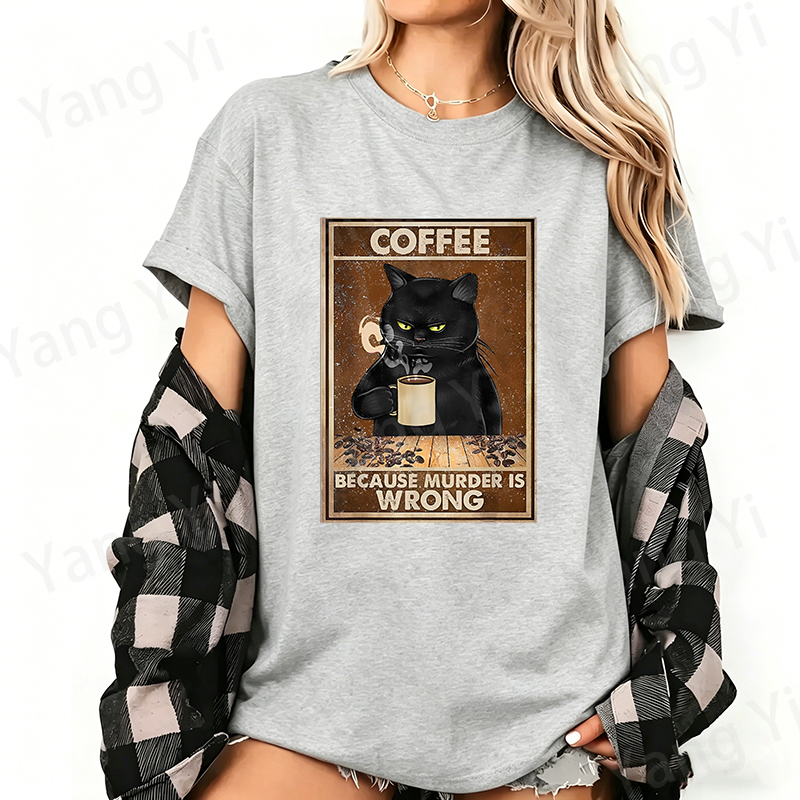 T-shirt en coton imprimé chat noir à la mode tenant une tasse de café, décontracté à manches courtes, avec graphique BECAUSE MURDER IS WRONG, pour hommes et femmes