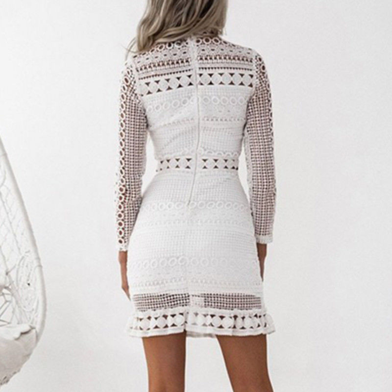 Robe Midi Femme Sexy en Dentelle Blanche, Creuses et Évidées, à Manches Longues en Crochet, Volants, Col Montant, Moulante, Décontractée, pour Soirée