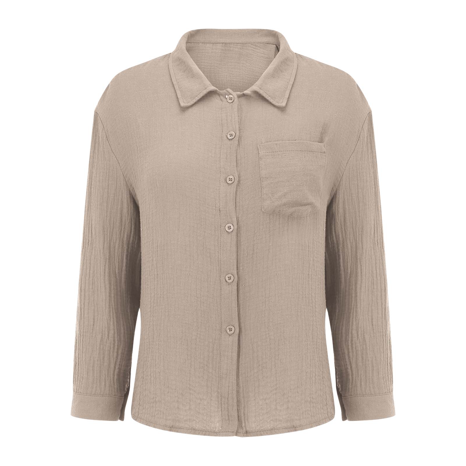 Chemisier d'été pour femme, chemise en mousseline de coton et lin, hauts de printemps couleur unie à manches longues boutonnées avec poches