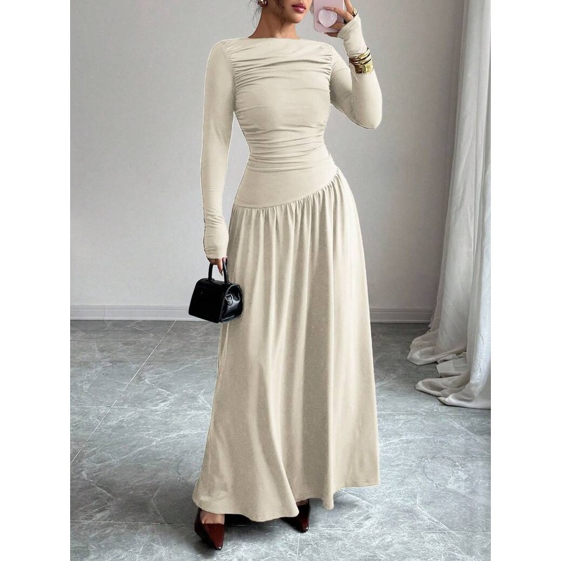 Robes de soirée élégantes pour femmes, col bateau modeste, couleur unie, manches longues, robe maxi plissée et fluide pour les occasions quotidiennes et les soirées.