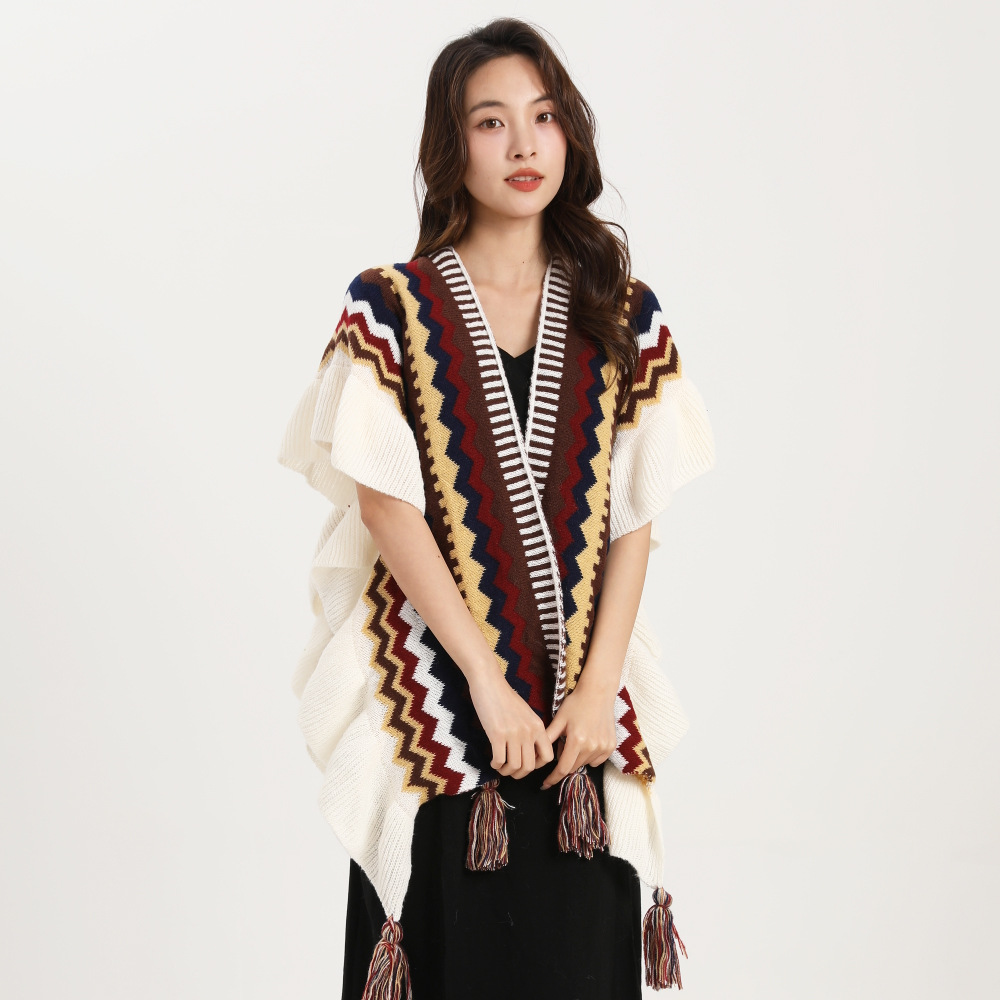 Châle bohème pour femme, Mohair avec pompon, cardigan ethnique rétro pour femme, écharpe à volants ronde rayée pour le voyage, printemps, automne, nouveau