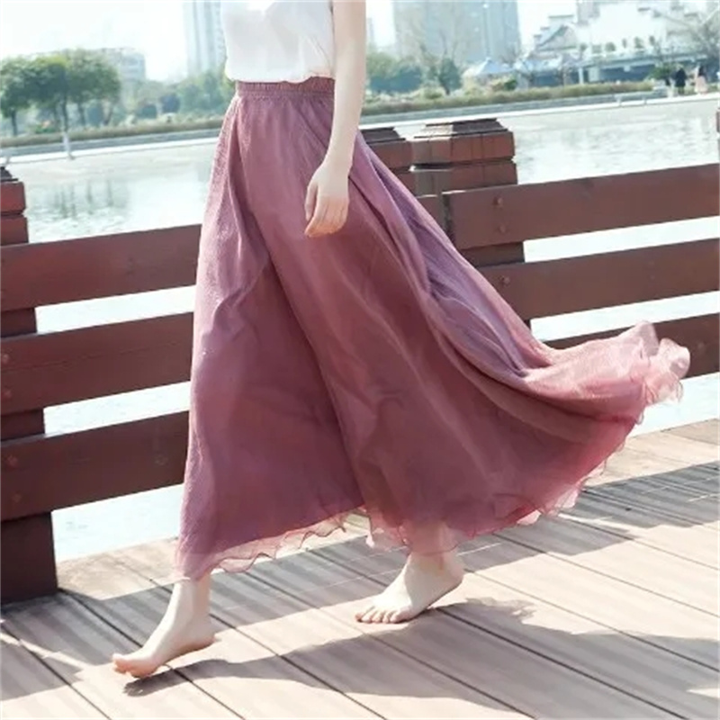 Longue jupe de plage plissée en mousseline de soie, double couche, élastique, taille haute, grande balançoire, gaze, ligne A, haute qualité, printemps, été
