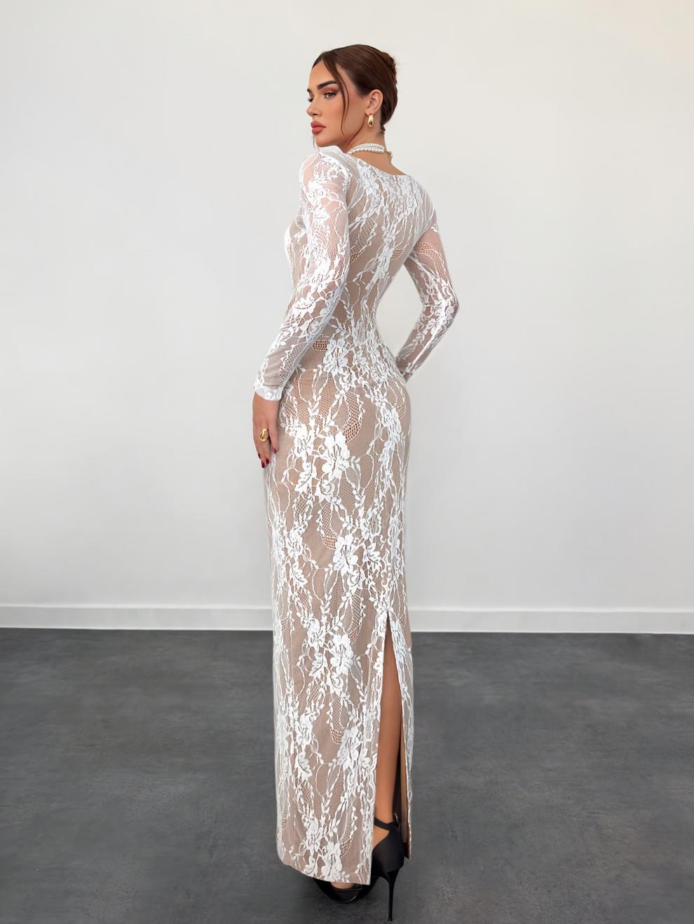 Robe de Banquet élégante pour femmes, mode printemps-automne, revers, manches longues, Slim, creux, couleur unie, dentelle, fente latérale, robes de mariage