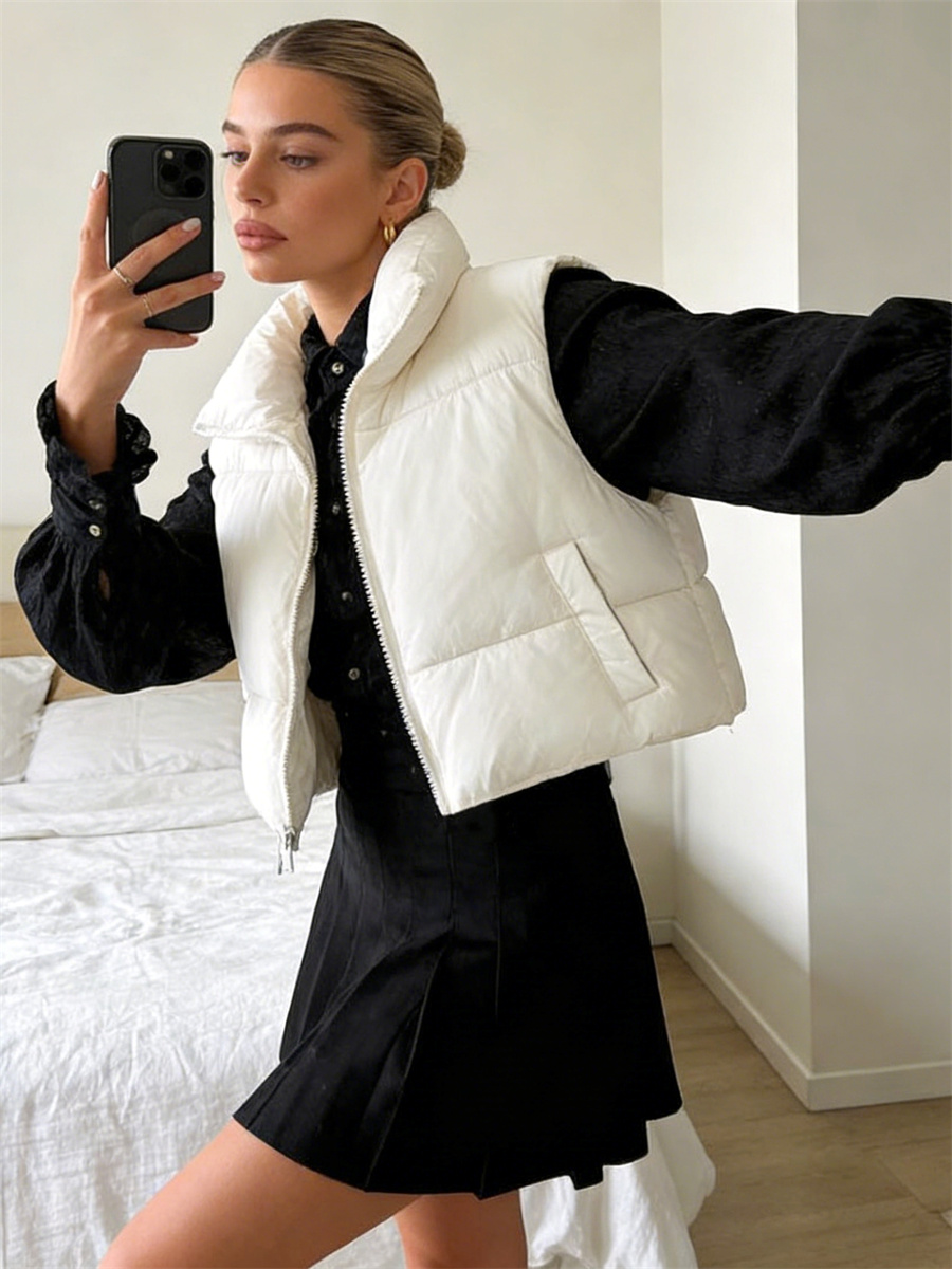 Gilet court chaud pour femme, col montant, sans manches, léger, vêtements d'extérieur à la mode, automne et hiver