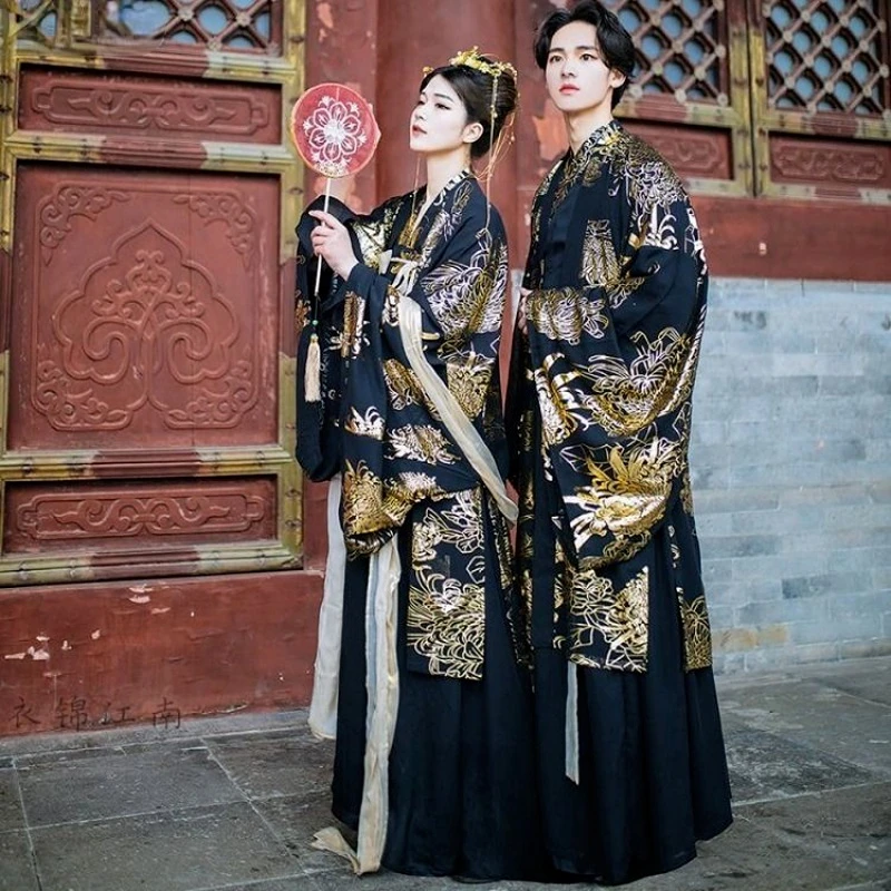 Robe traditionnelle chinoise de prairie pour hommes et femmes, ensembles Hanfu noirs, vêtements jumelés pour couple, costume de cosplay d'Halloween, danse financière