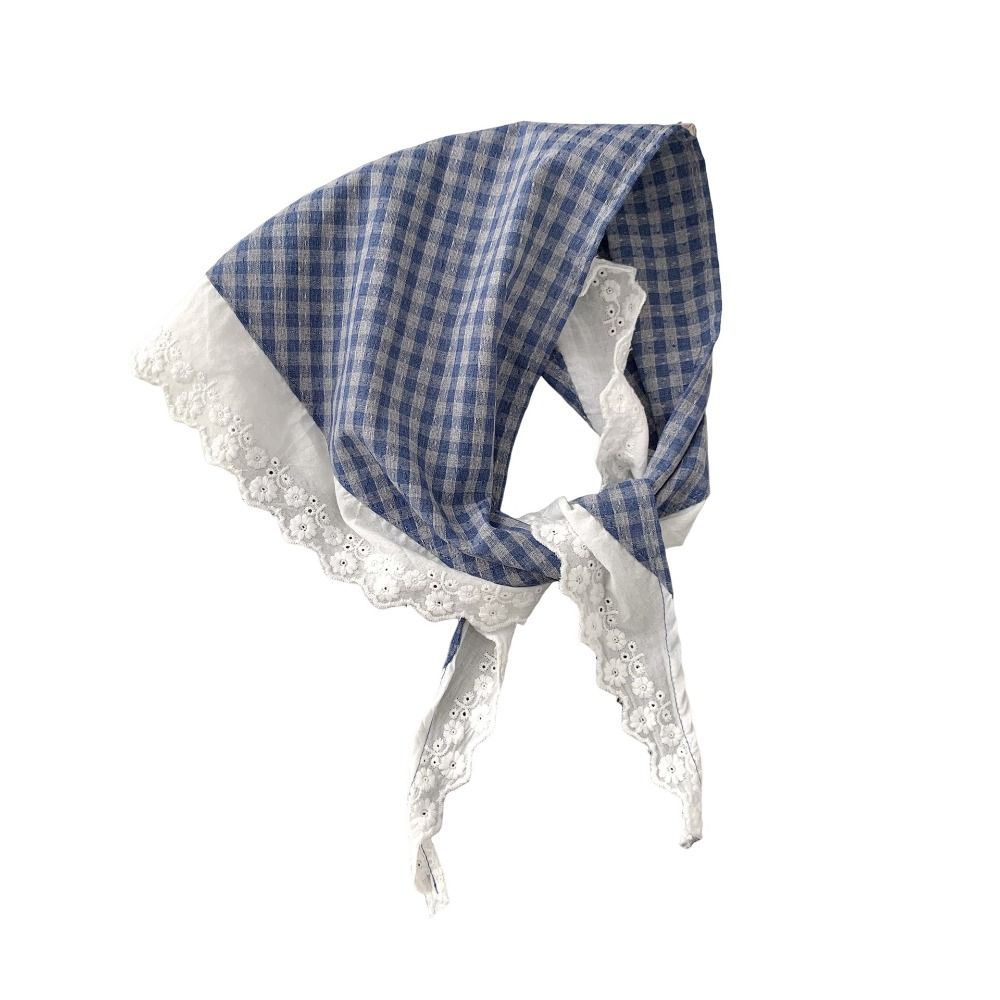 Foulard Triangle en Coton et Lin à Carreaux avec Dentelle Rembourrée pour Femme