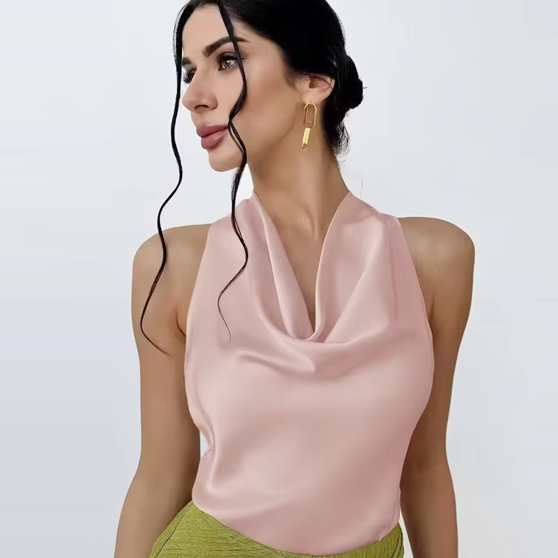 Haut court en satin pour femme, dos nu, style licou, épaules dénudées, débardeur sexy, camisole de plage