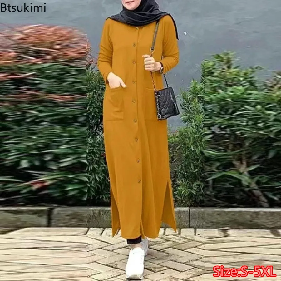 Robe longue Vintage pour femmes musulmanes Abaya Hajib, manches longues, col rond, chemise décontractée, Maxi, arabe, modeste, 2026