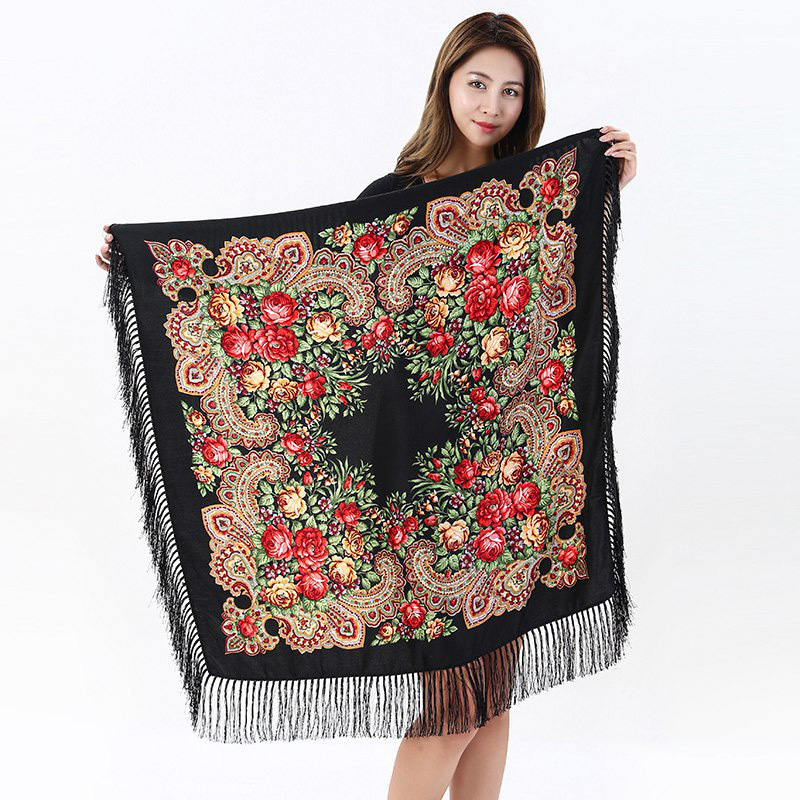 Babushka écharpe russe Pashmina femme châle carré hiver bandeau femme rétro motif Floral gland coton écharpe Hijabs