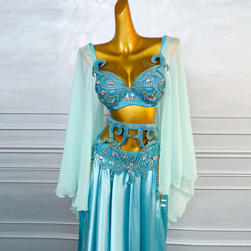 Costume de spectacle de danse du ventre pour femmes, ensemble de luxe élégant en mousseline de soie avec strass, tenue de compétition de danse du ventre orientale pour adultes