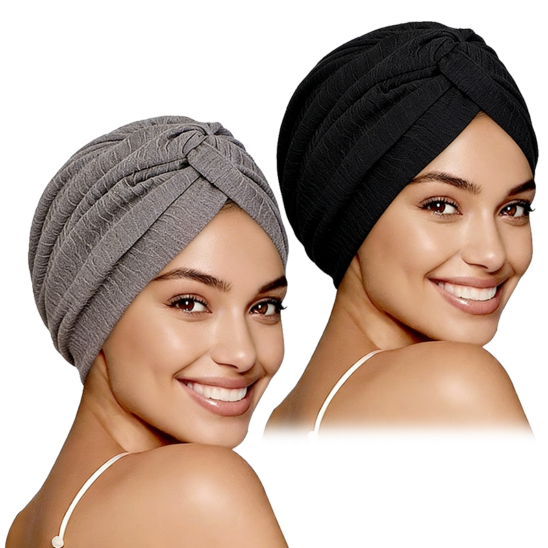 Lot de 2 Turbans Musulmans Plissés pour Femmes, Hijab Extensible à Nœud Torsadé, Foulard Chimio, Couvre-Chef, Coiffe Islamique