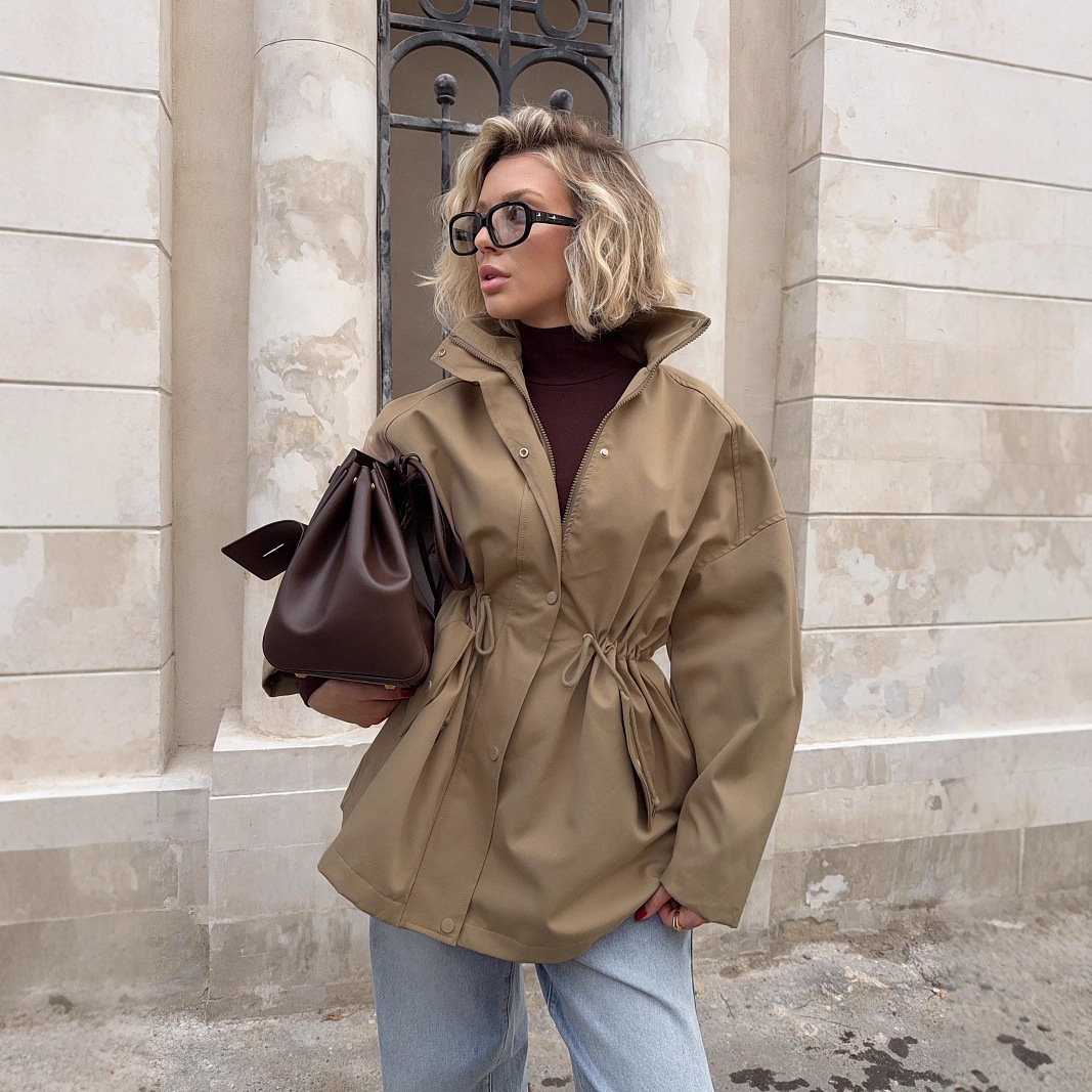 Femmes à la mode col montant simple boutonnage ceinture taille attaché coupe-vent automne décontracté Streetwear vestes pour les femmes