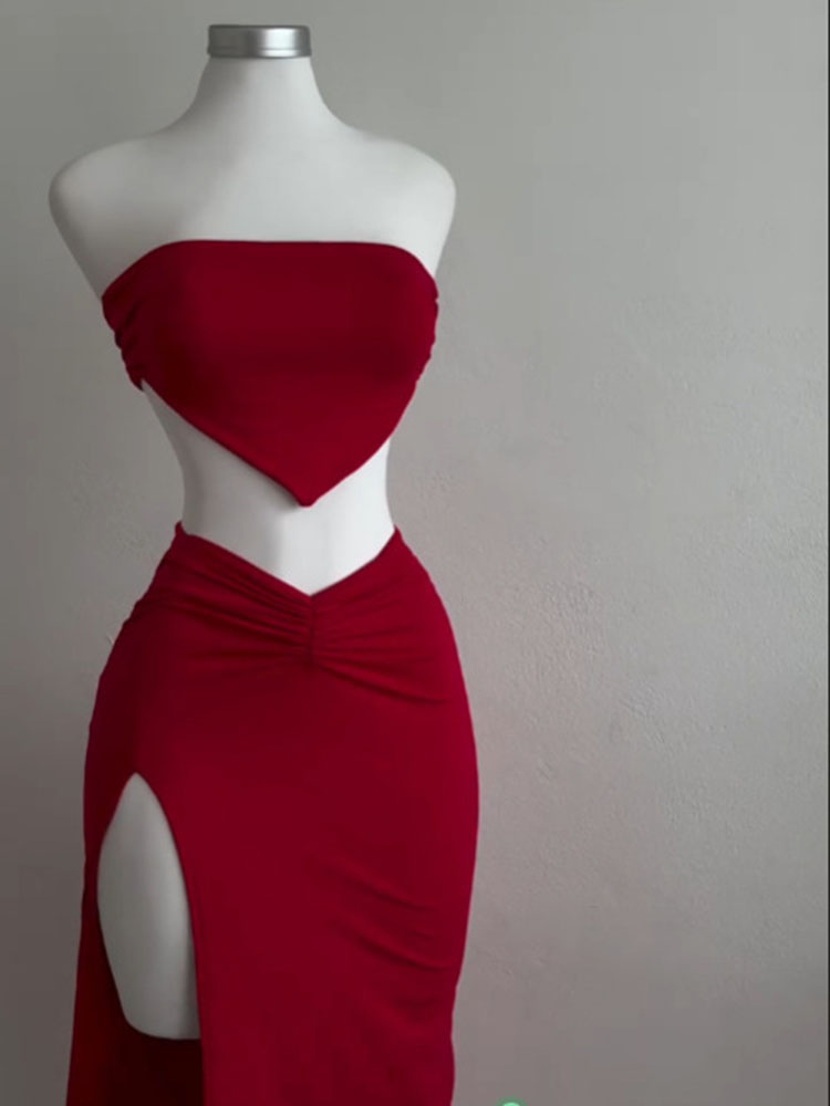 Ensemble 2 pièces pour femmes, haut court, dos nu, jupe taille haute, Sexy, Slim Fit, robe mi-longue fendue, costumes tubulaires, ensembles de Club de fête, été