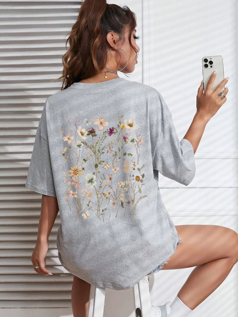 Mode américaine Ins belle fleur grappe impression coton femmes T-shirt été décontracté respirant doux ample haut confortable