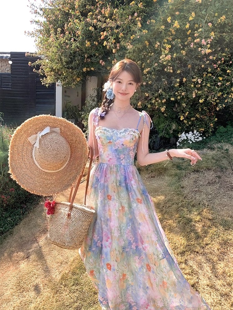 Français élégant robe à bretelles florales femmes doux Style de plage mode coréenne vêtements soirée Vintage robe mi-longue soirée