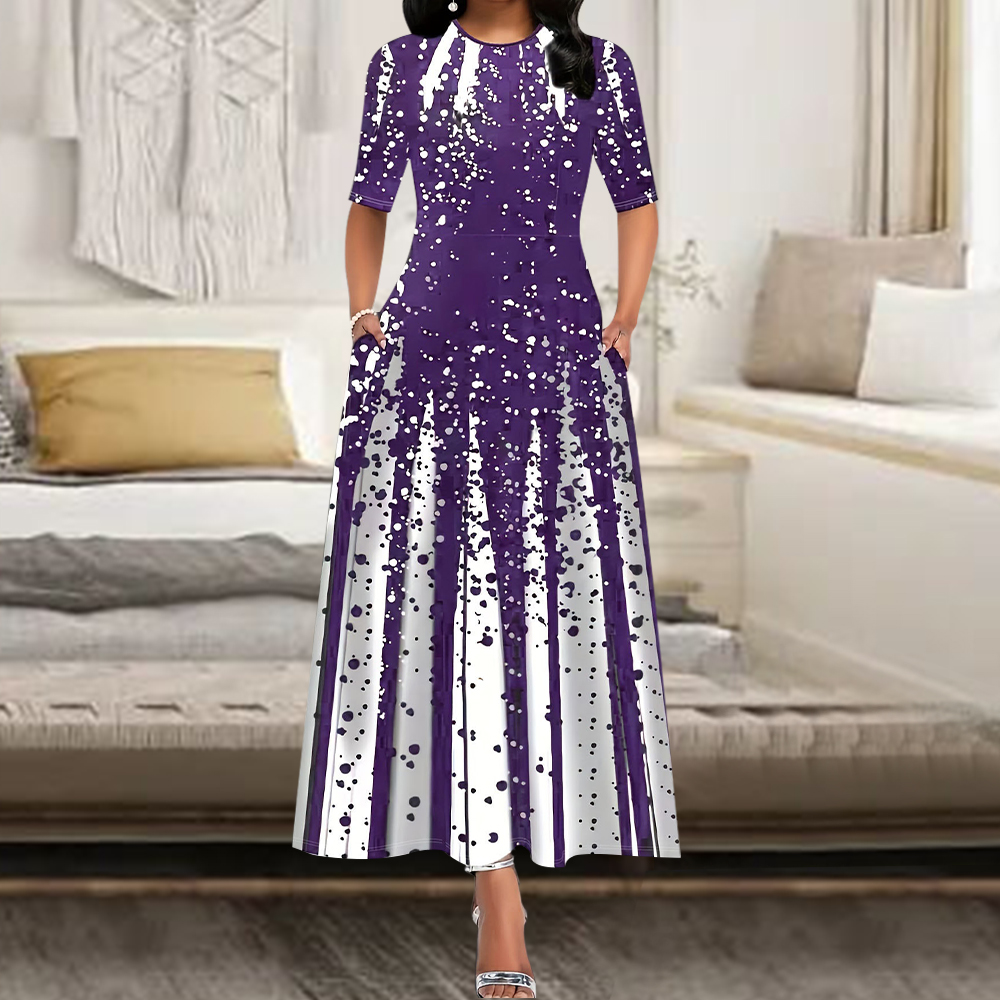 Robe longue de soirée élégante pour femmes, col rond, manches courtes, rétro, imprimé, décontracté, 2024