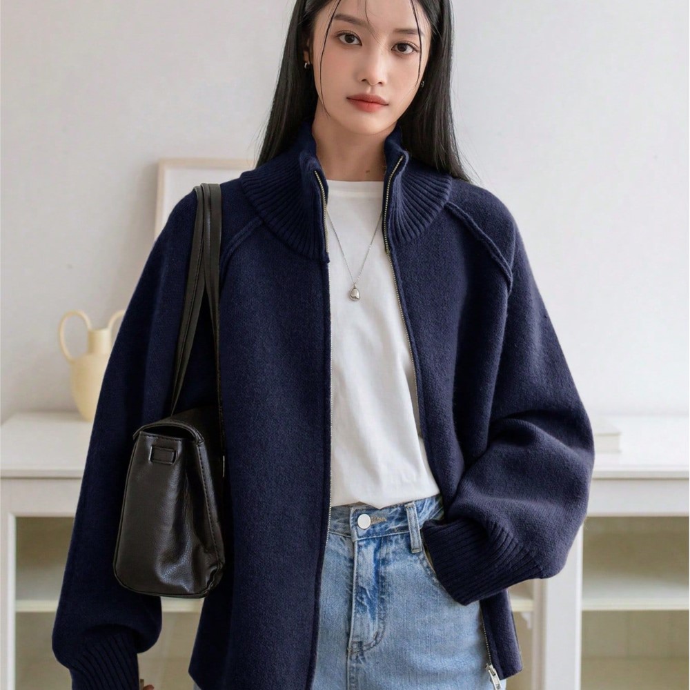 Veste pull pour femme, couleur unie, col montant, fermeture éclair, cardigan tricoté, style ample et simple, polyvalent et élégant