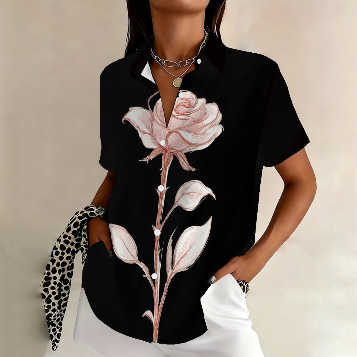 Chemise d'été grande taille pour femme à simple boutonnage avec imprimé rose unique, élégante et fraîche, idéale pour les événements sociaux et les rendez-vous