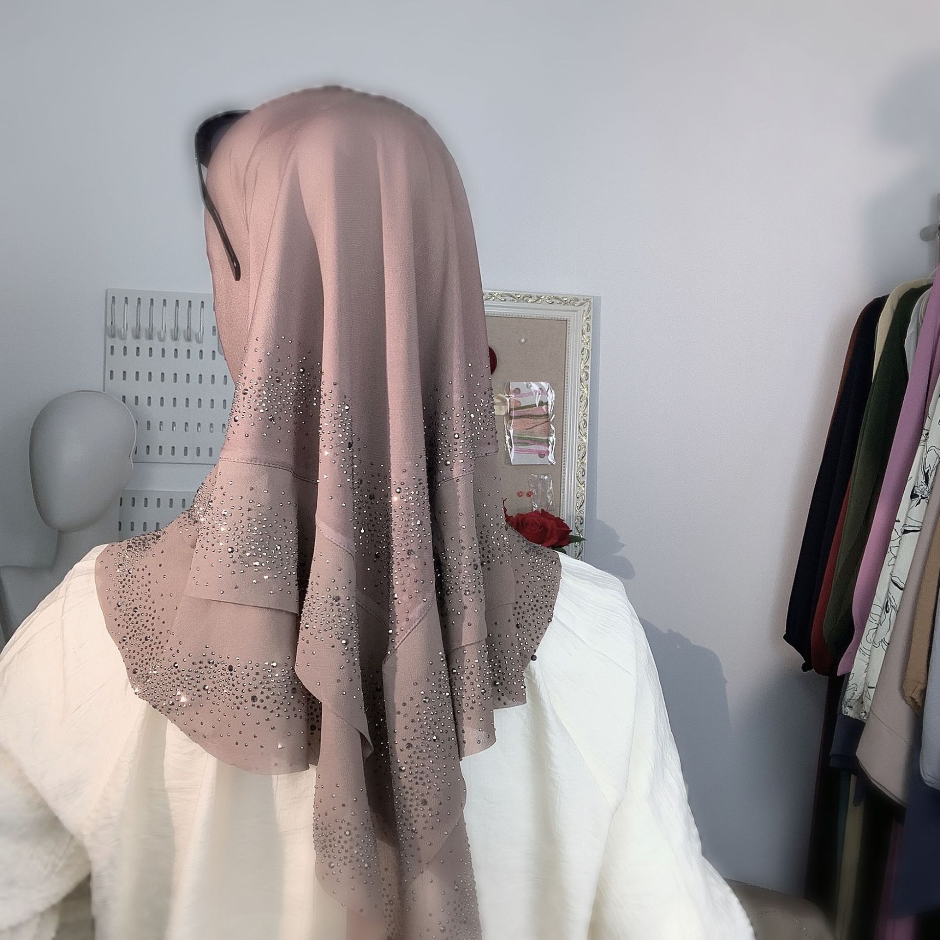 Hijab instantané en mousseline superposée avec strass brillants, prêt à porter, turban musulman, couleur unie, foulard quotidien islamique pour femme