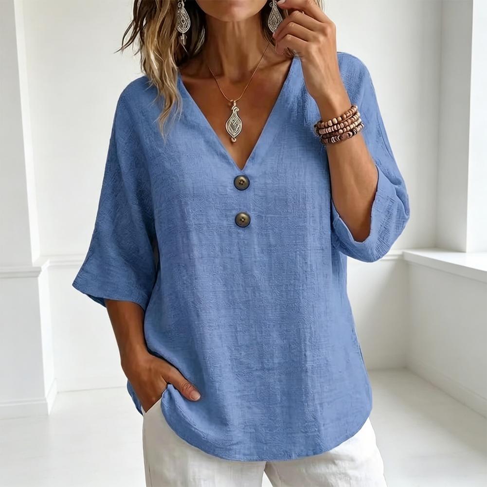 Chemisier d'été en coton et lin pour femmes, col en v français, décoration de boutons, manches sept-quarts, haut ample, couleur unie, t-shirt