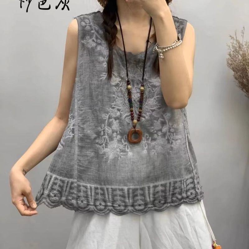 Vêtements Vintage en Dentelle Brodée pour Femme, Coton Solide, Précieux, Décontracté, Col Rond, Fin, Glace de Plage, Été, 2024