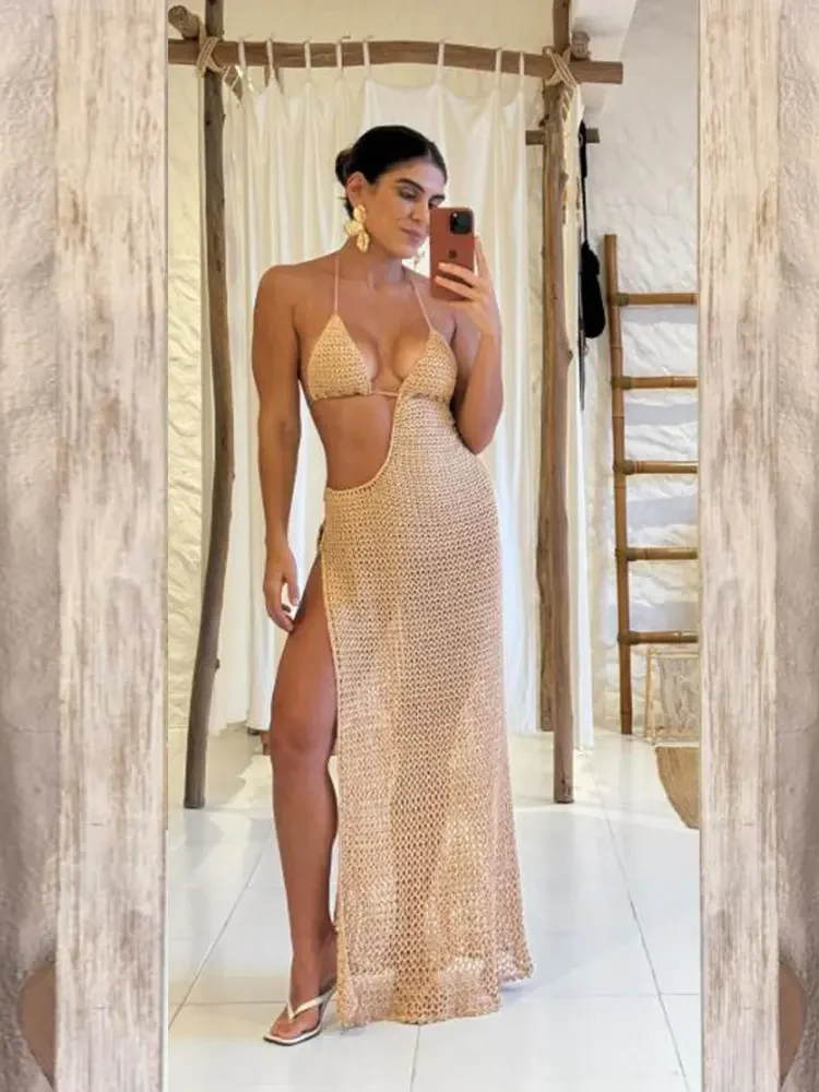 Robe longue de plage sexy et moulante à décolleté plongeant, en tricot noué, avec découpes circulaires et fente haute, collection été 2026, cache-maillot pour femme K88