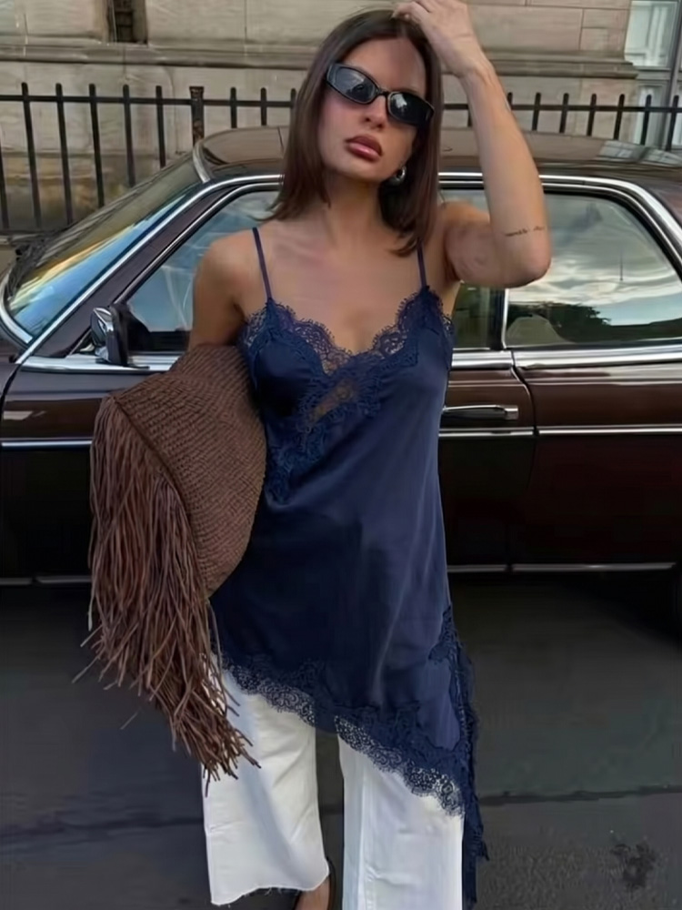 Robe élégante asymétrique pour femme HH, sans manches, dos nu, col en V, robe de mode féminine, robe de plage mini sexy avec empiècements en dentelle
