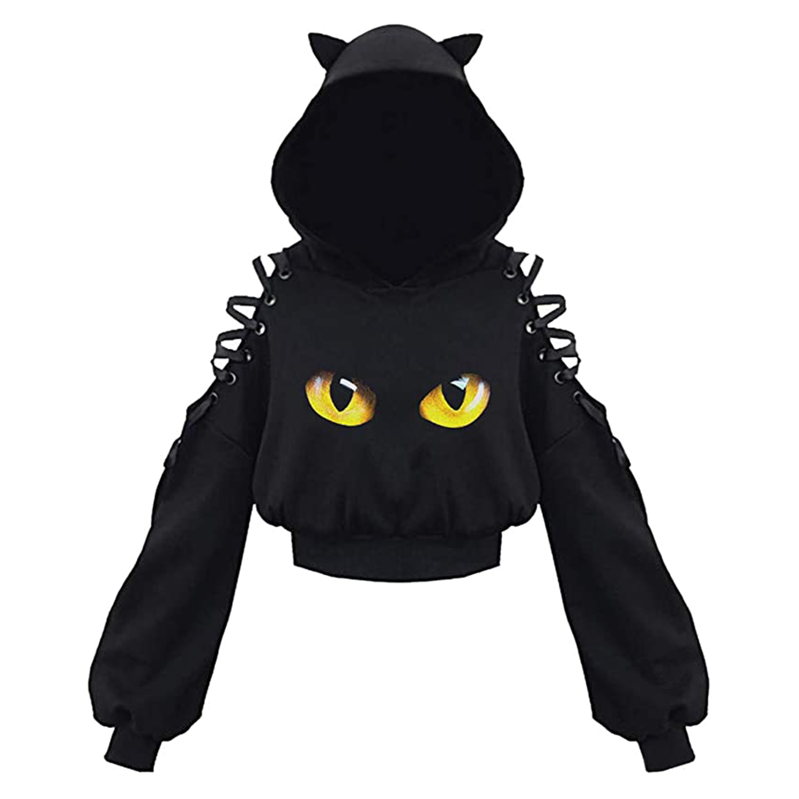 Sweat à capuche à manches longues pour femmes, Kawaii, oreilles de chat, gothique, Punk, Harajuku, épaule froide, Bandage, gothique, noir, 2021