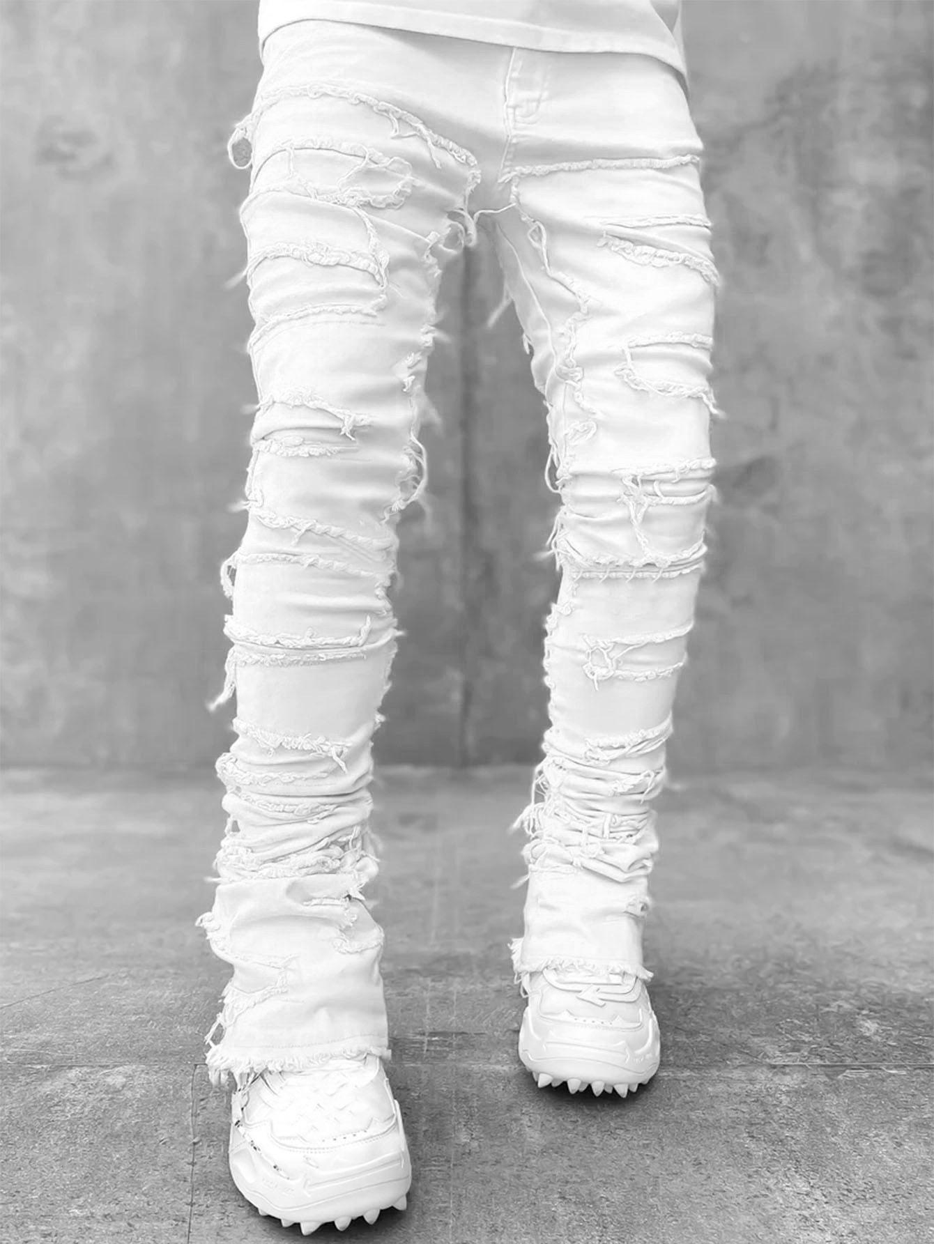 Viser de travail jeans de la nouvelle mode pour hommes, pantalons évasés en couches de denim de patchwork élastique de vêtements de travail de mode européenne et américaine S-XXL