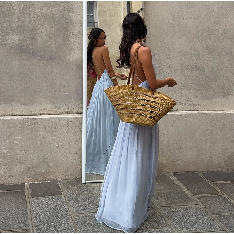 Robe longue de plage en mousseline bleue, dos nu, style bohème, à bretelles, ample, plissée, maxi, pour femmes, idéale pour les vacances d'été, les soirées et les fêtes.