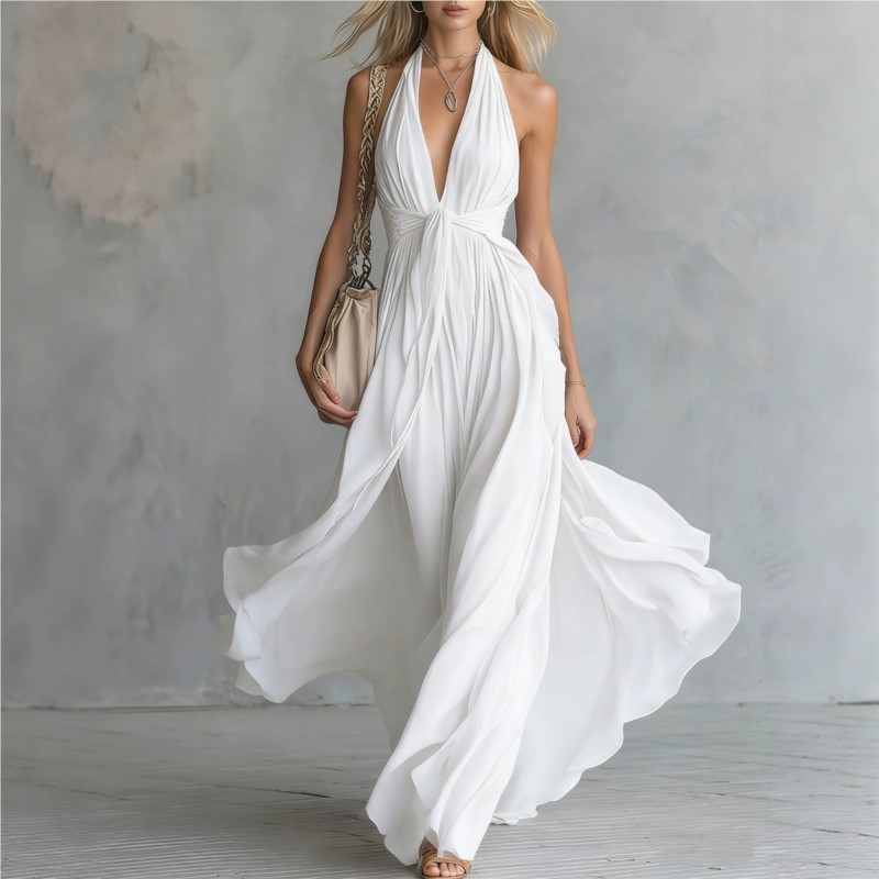 Nouvelle Robe d'été 2026 pour Femme, Col en V, Taille Cintrée, Couleur Unie, Sexy, Élégante, Tendance Haut de Gamme, Sans Manches, Vestidos