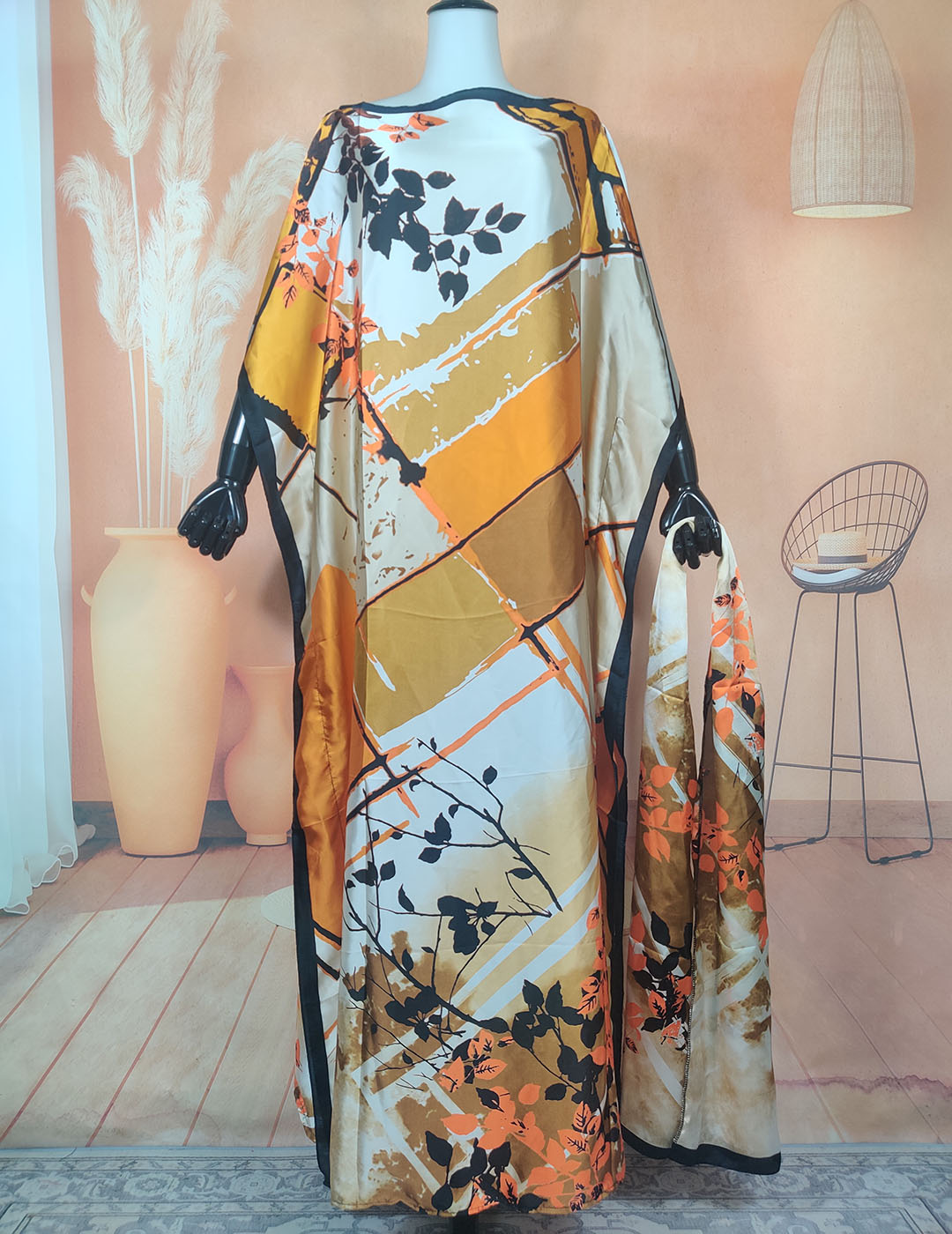 Robe Kaftan en Soie Imprimée Ramadan Plus, Vêtement Africain pour Femmes, Magnifique Robe Maxi à Col Rond et Manches Courtes avec Hijab