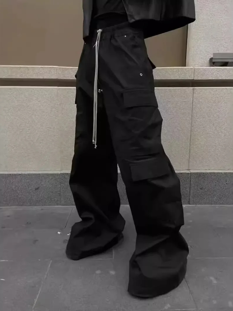 Pantalon noir cargo multi-poches pour homme, pantalon décontracté, jambe large, style américain, nouveau, printemps, été, 2025
